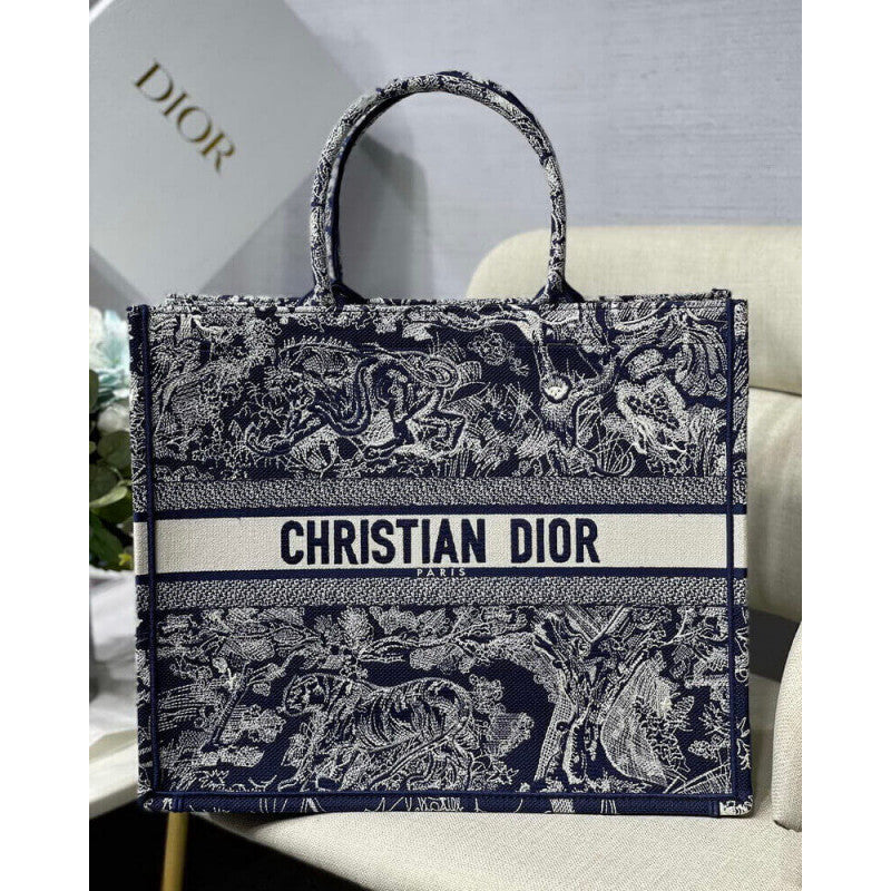 Book Tote Blue Toile de Jouy Reverse Embroidery M1286