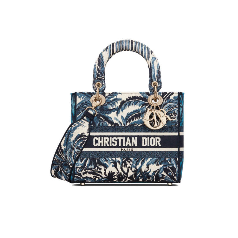 Medium Lady D-Lite Bag Blue Palms Embroidery M0565