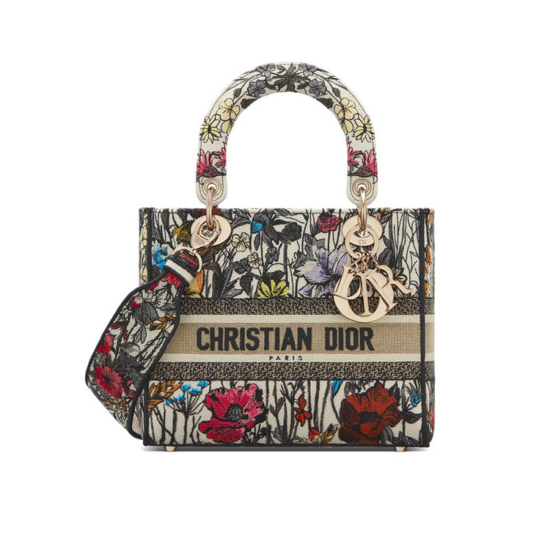 Medium Lady D-Lite Bag in Multicolor Mille Fleurs Embroidery M0565