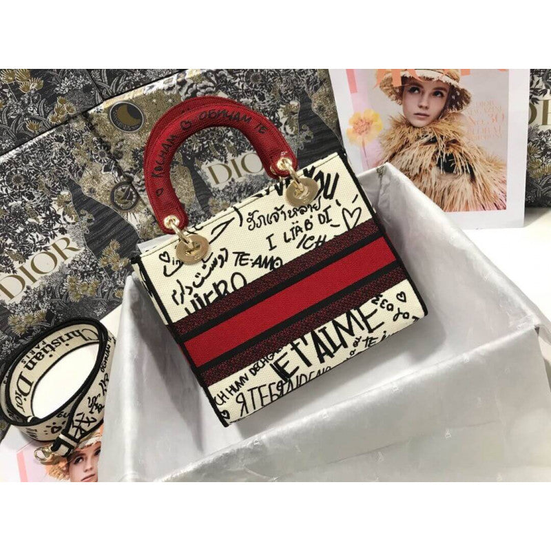 Medium Lady D-Lite  amour Bag Latte Multicolor  amour Graffiti Embroidery M0565