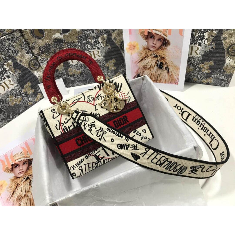 Medium Lady D-Lite  amour Bag Latte Multicolor  amour Graffiti Embroidery M0565