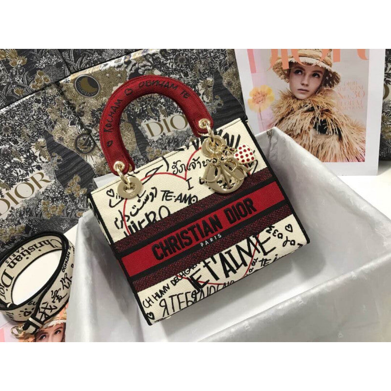 Medium Lady D-Lite  amour Bag Latte Multicolor  amour Graffiti Embroidery M0565