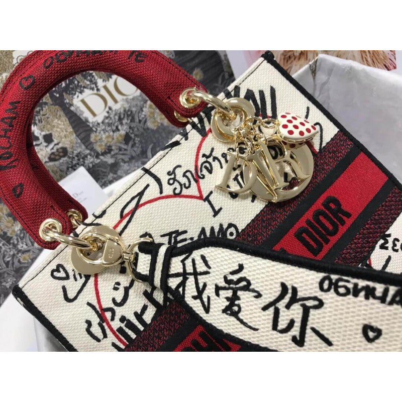 Medium Lady D-Lite  amour Bag Latte Multicolor  amour Graffiti Embroidery M0565