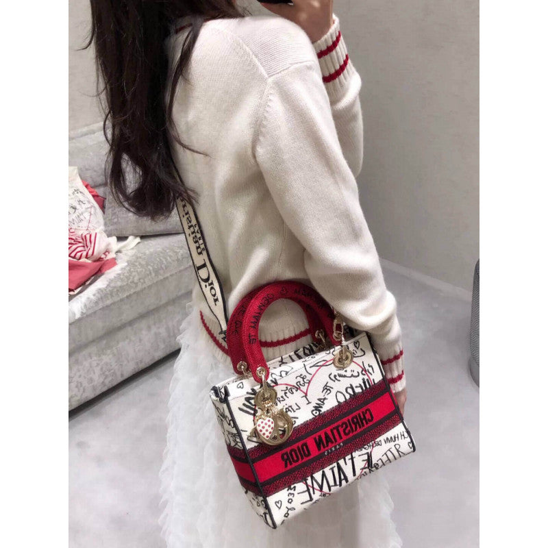 Medium Lady D-Lite  amour Bag Latte Multicolor  amour Graffiti Embroidery M0565