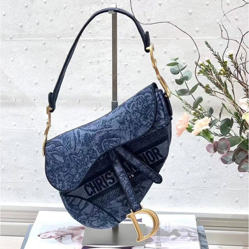 Saddle Bag Denim Blue Toile de Jouy Embroidery M0446