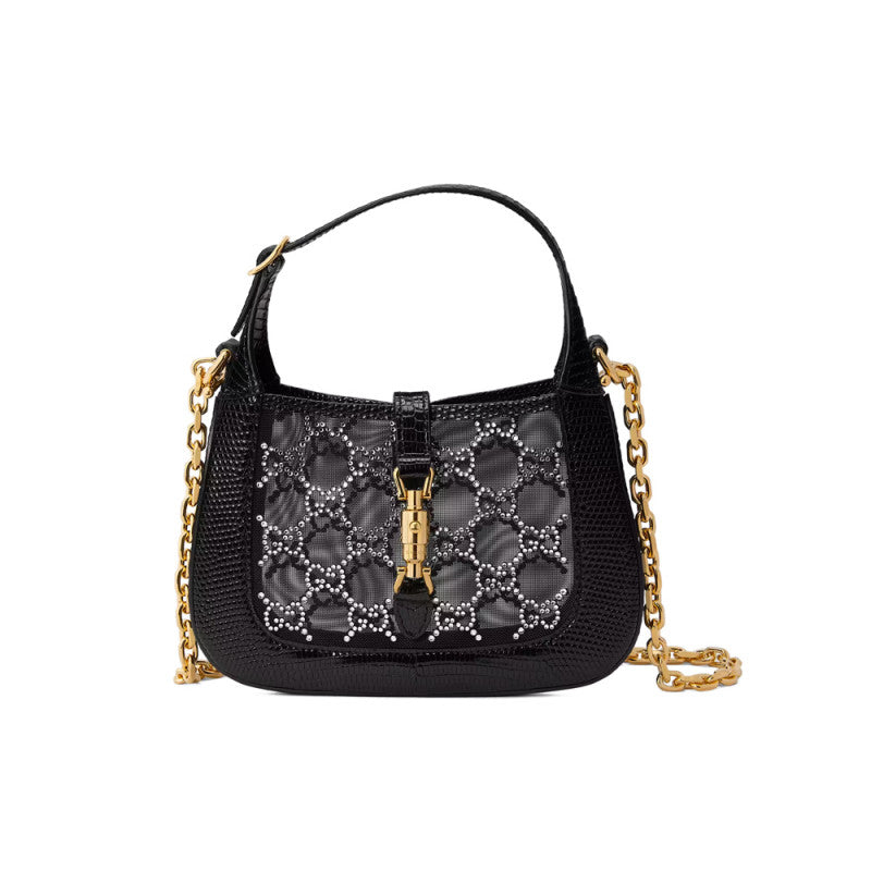 GG Jackie 1961 Mini Crystal GG Lizard Bag 677027 Black