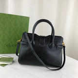 large Top Handle Bag with Double G in Black Leather 658450