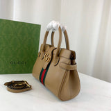 large Top Handle Bag with Double G in Brown Leather 658450