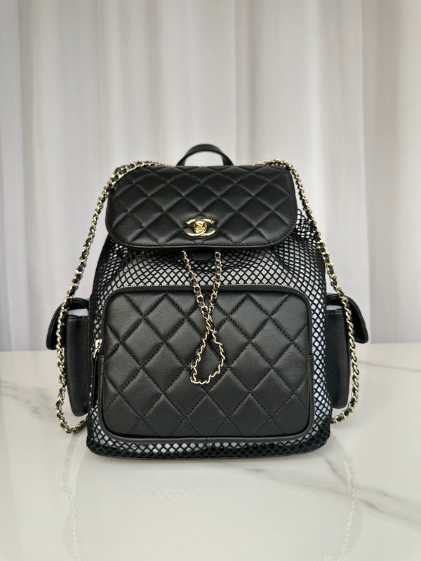 Stylish CC Black Quilted Leather & Mesh Backpack