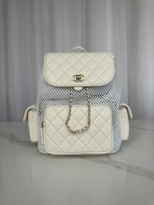 Stylish CC White Quilted Leather & Mesh Backpack
