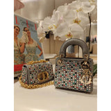 Micro Lady Bag Dark Grey Metallic Canvas Embroidered with Multicolor Crystals S0856