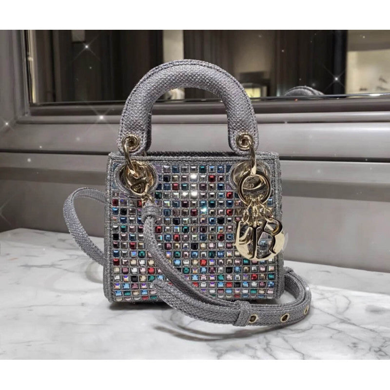 Micro Lady Bag Dark Grey Metallic Canvas Embroidered with Multicolor Crystals S0856