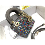 Micro Lady Bag Dark Grey Metallic Canvas Embroidered with Multicolor Crystals S0856