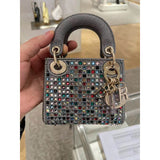 Micro Lady Bag Dark Grey Metallic Canvas Embroidered with Multicolor Crystals S0856