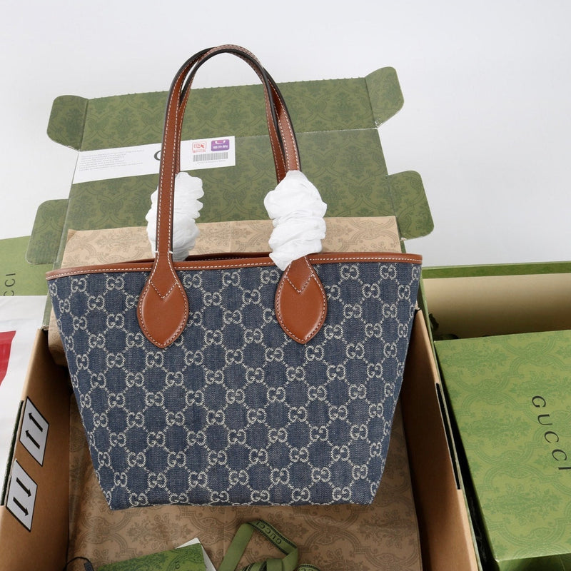 GG Totissima Small Tote: Blue GG Denim, Leather Trim