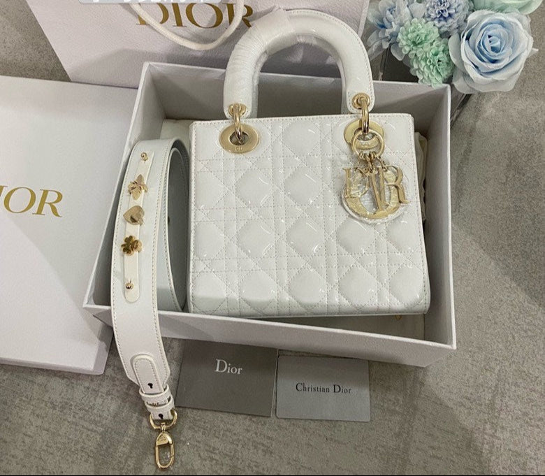 Lady DR Cream White Bag Patent/Calfskin, Detachable Strap
